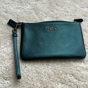 Coach Small Metallic Green Pebbled Leather Wristlet
